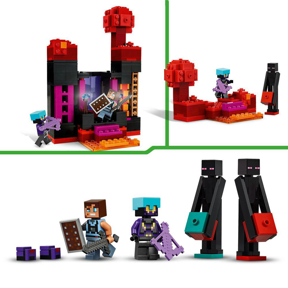 Lego Minecraft Charaktere und Szenen, die die Endermänner und andere Elemente des Sets zeigen.