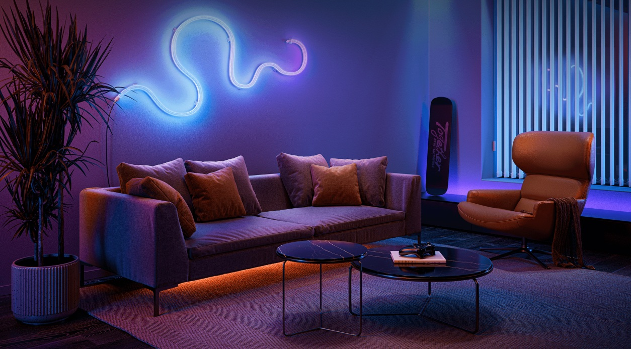 Nowoczesny salon z sofą, fotelem, stolikami kawowymi, deskorolką i neonową lampą. Ciemnoniebieskie i fioletowe odcienie.