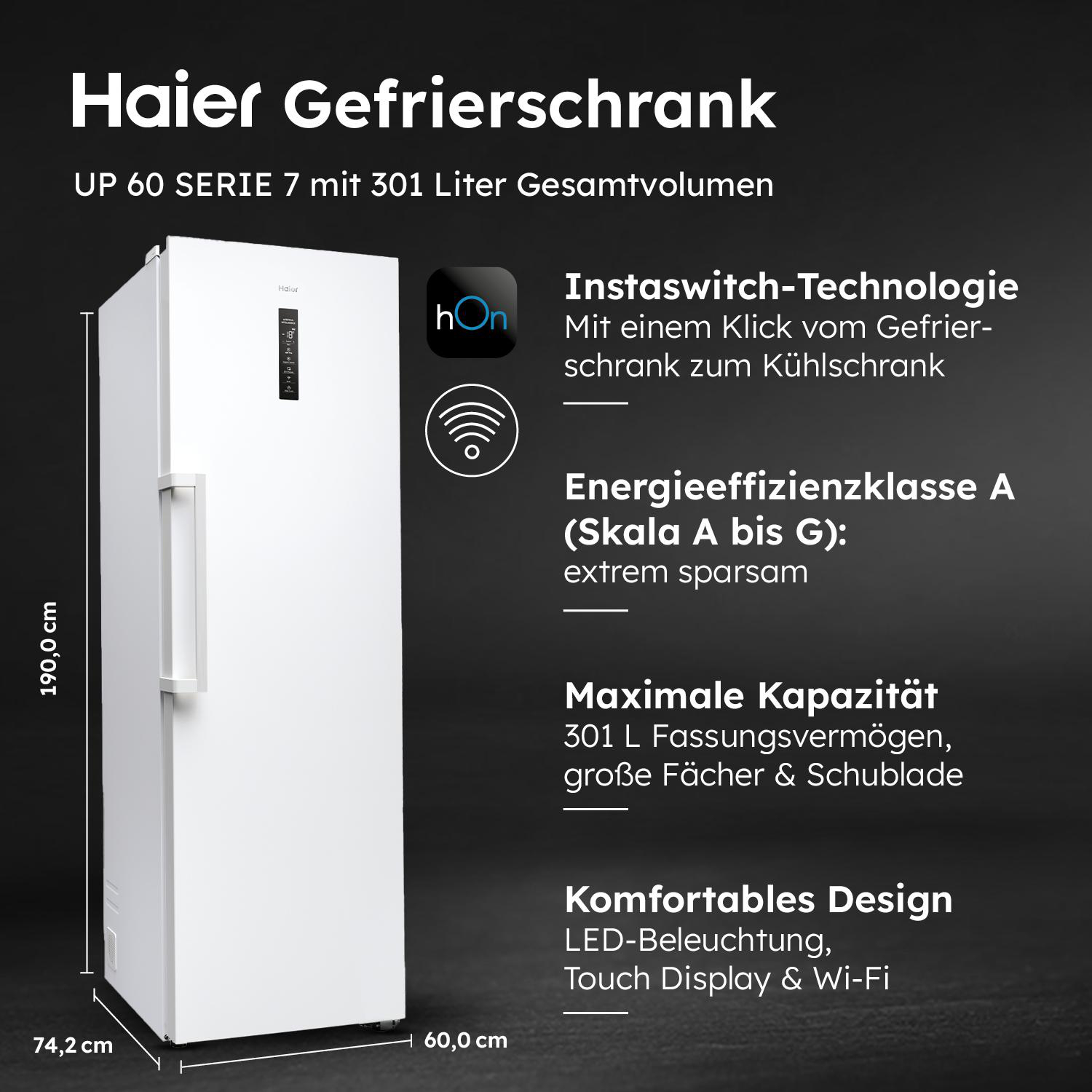 Weißer Haier-Kühlschrank. Abmessungen in cm sind angegeben. Text hebt Funktionen wie InstaSwitch und Energieklasse A hervor.