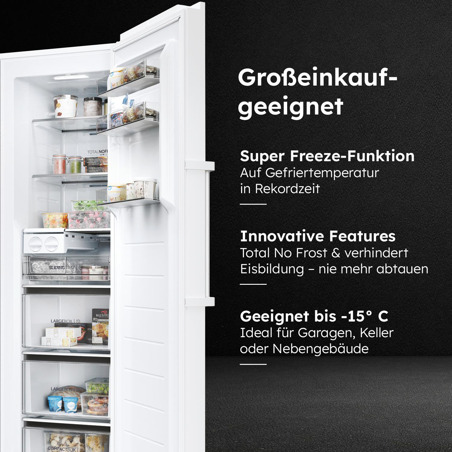 Offener weißer Gefrierschrank-Innenraum, vollgepackt mit Tiefkühlkost. Text hebt Super-Freeze-Funktion und innovative Merkmale hervor.