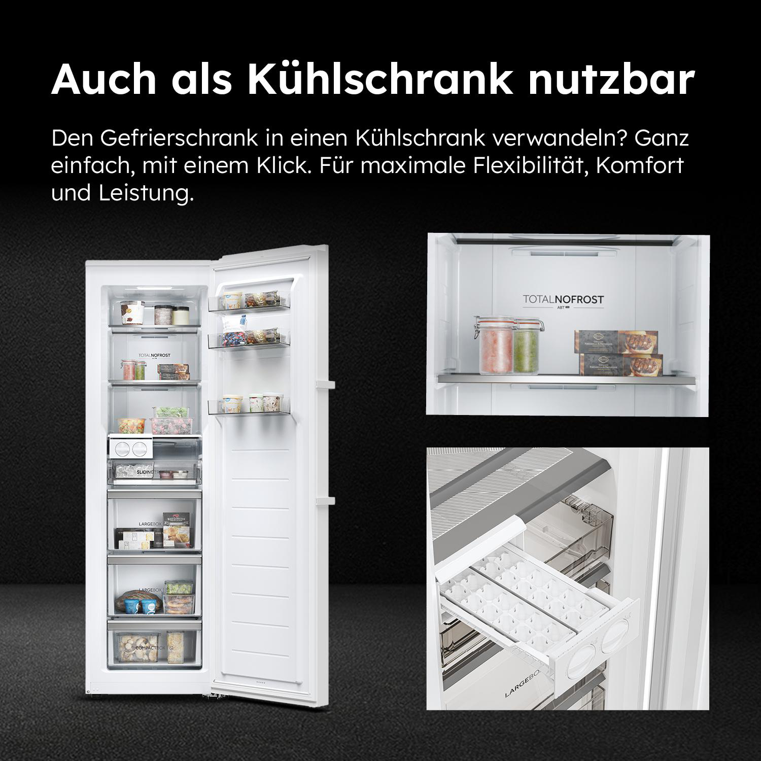 Offener weißer Kühlschrank-Innenraum mit Lebensmitteln und zwei kleineren Bildern mit Innendetails. Text auf Deutsch.