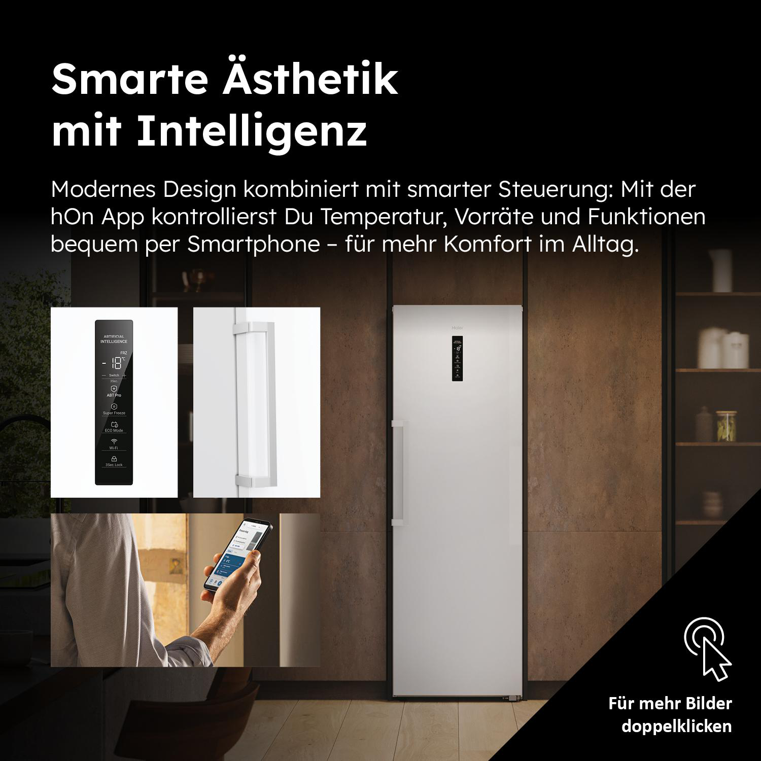 Silberner Kühlschrank mit Bedienfeld und Telefonbild. Text hebt smarte Ästhetik und Steuerung über die hOn-App hervor.