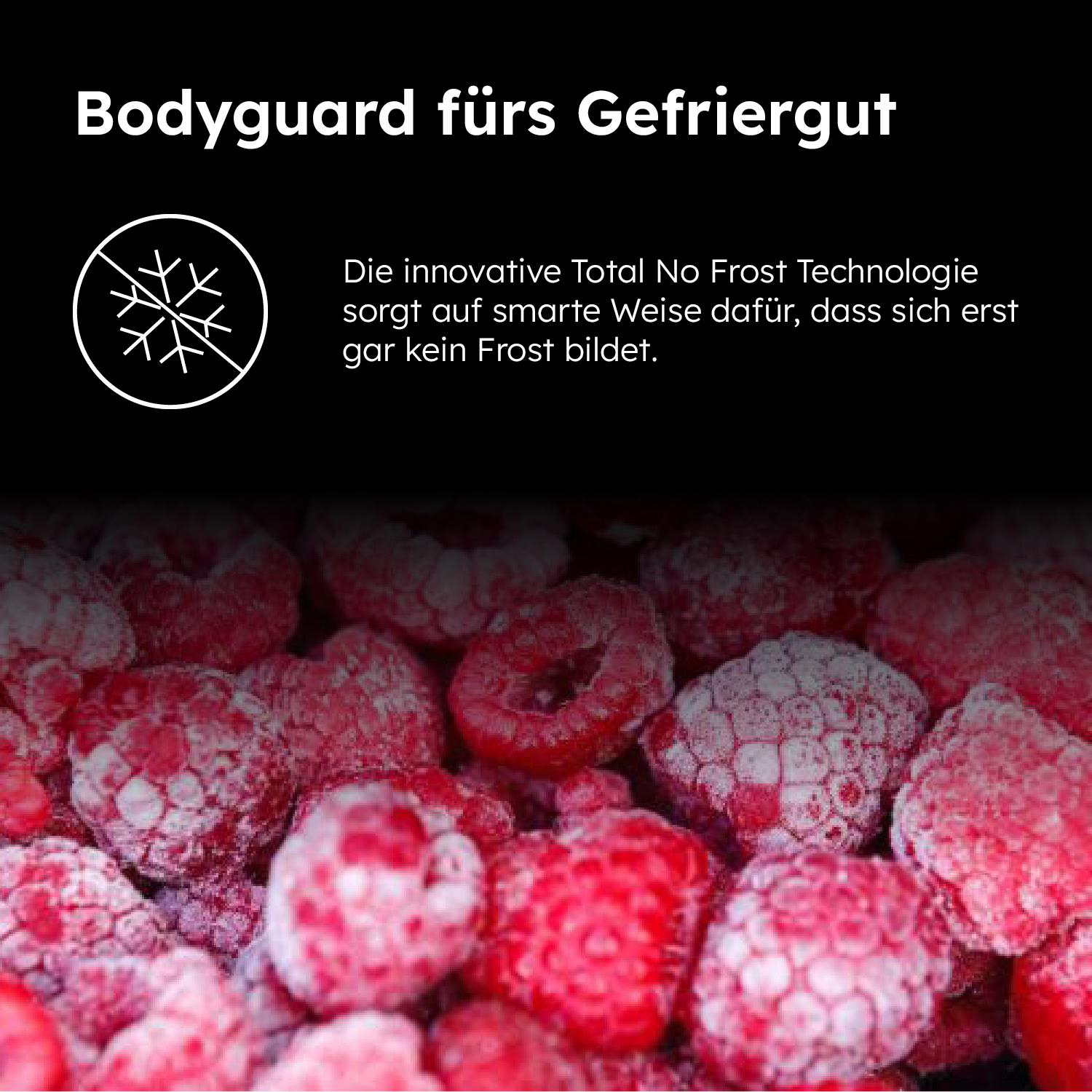 Nahaufnahme gefrorener Himbeeren. Text: Bodyguard fürs Gefriergut. Weißes Schneeflockenlogo. Text: No Frost Technologie verhindert Eisbildung.