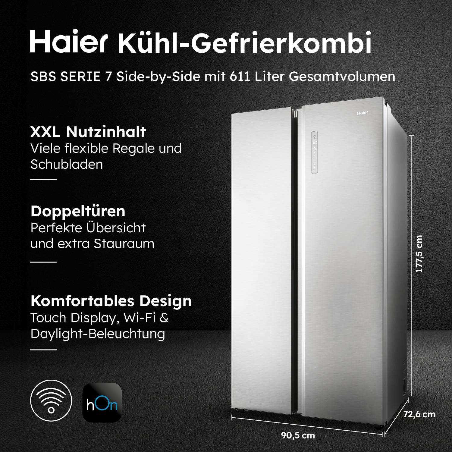 Side-by-Side-Kühlschrank. Edelstahl-Türen. Text: Haier Kühl-Gefrierkombi, mit Abmessungen und Funktionen.