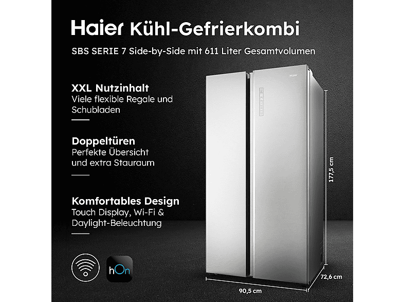 HAIER HSW79F18ANMM SBS 90 SERIE 7 Side-by-Side (611 l, A, 1775 mm hoch, Edelstahl)