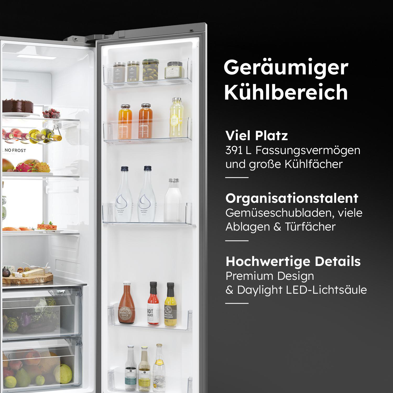 Moderner Kühlschrankinnenraum, mit Regalen voller Essen und Getränke.