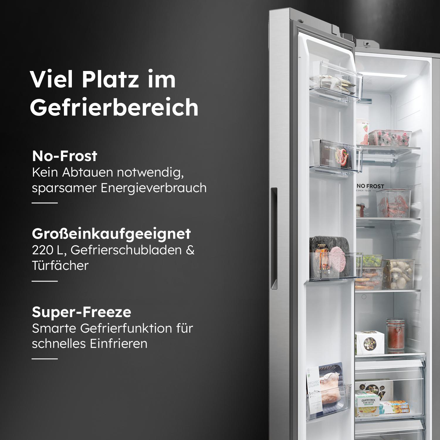 Innenraum eines Kühlschranks, organisiert mit Lebensmitteln und Getränken.