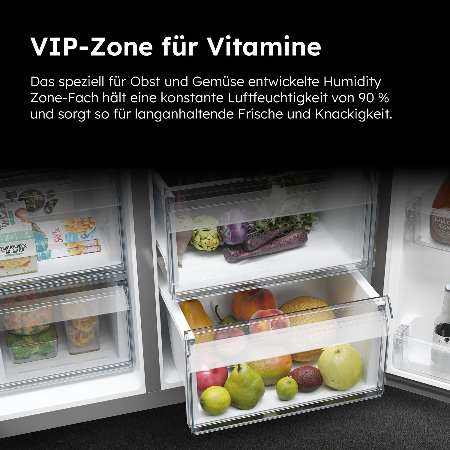 Kühlschrank Schubladen mit Obst und Gemüse.