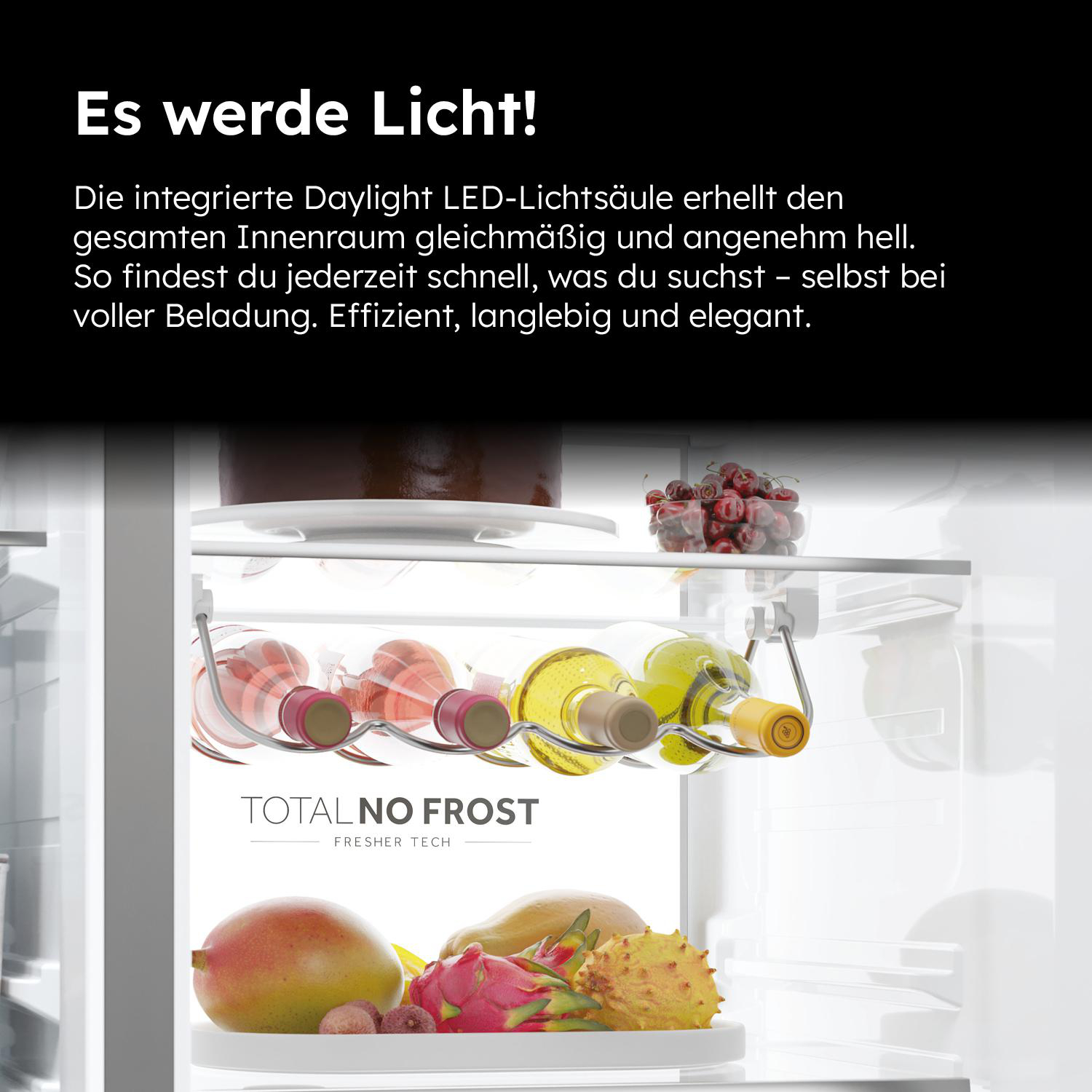 Kühlschrank Innenraum mit Flaschen und Essen.