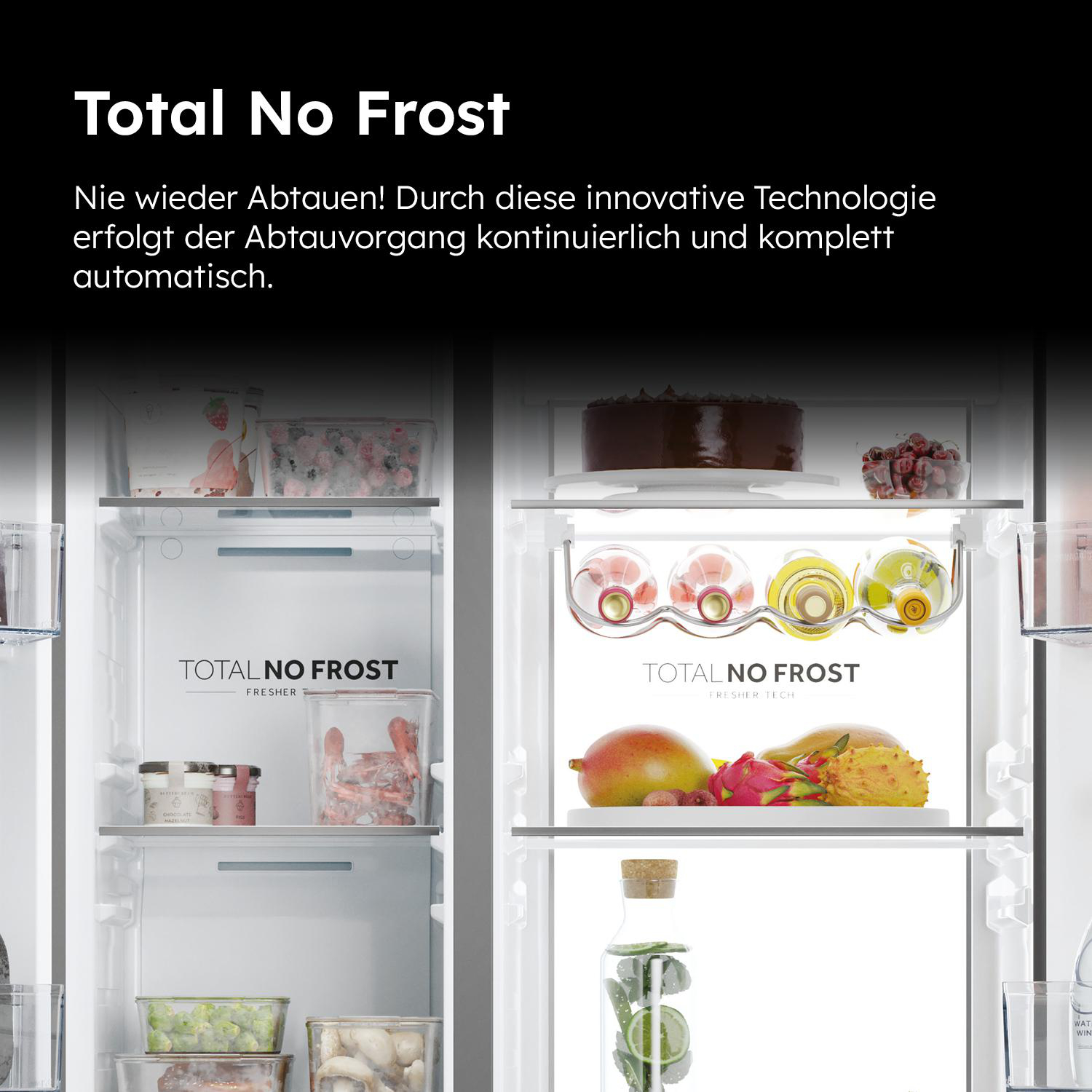 Kühlschrank Innenraum mit Flaschen und Essen.