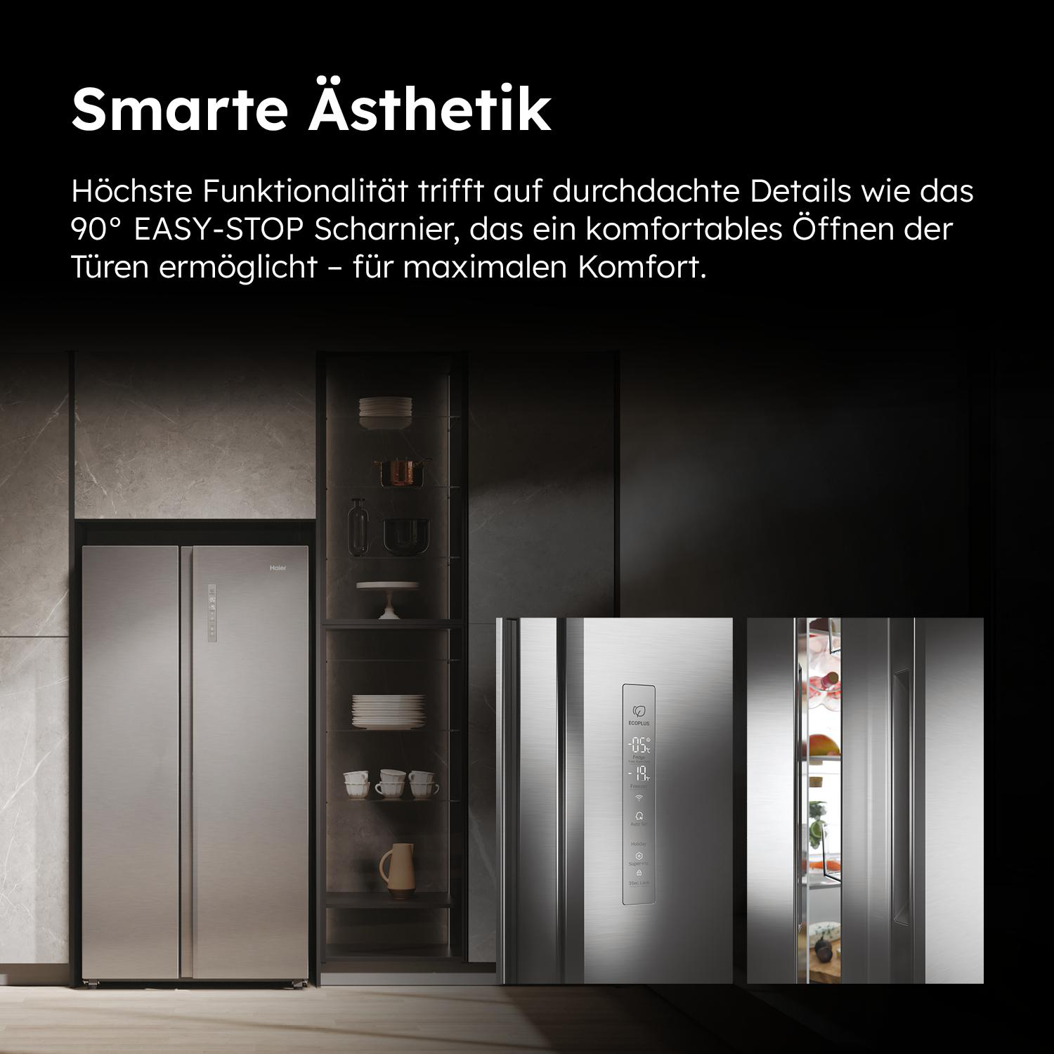 Edelstahlkühlschrank, mit offenen Türen.