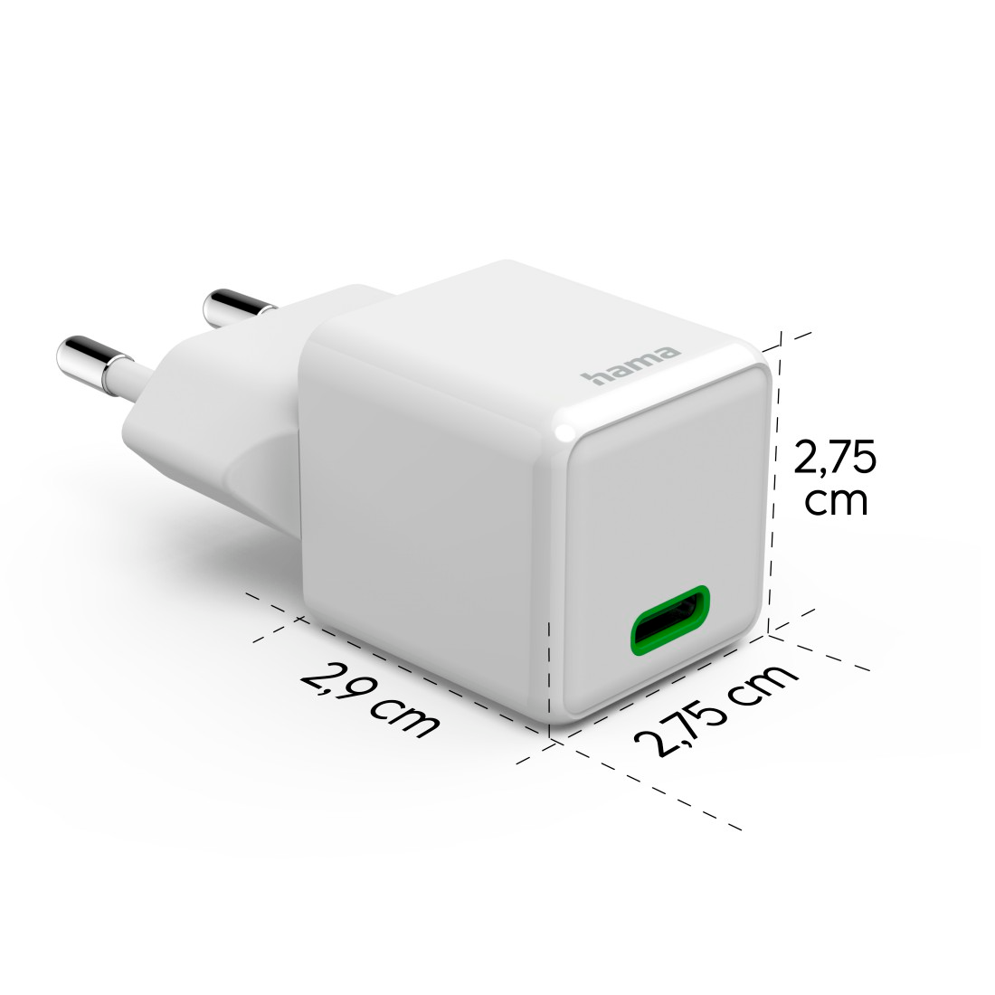 Hama 20W töltő, fehér, méretek láthatók.