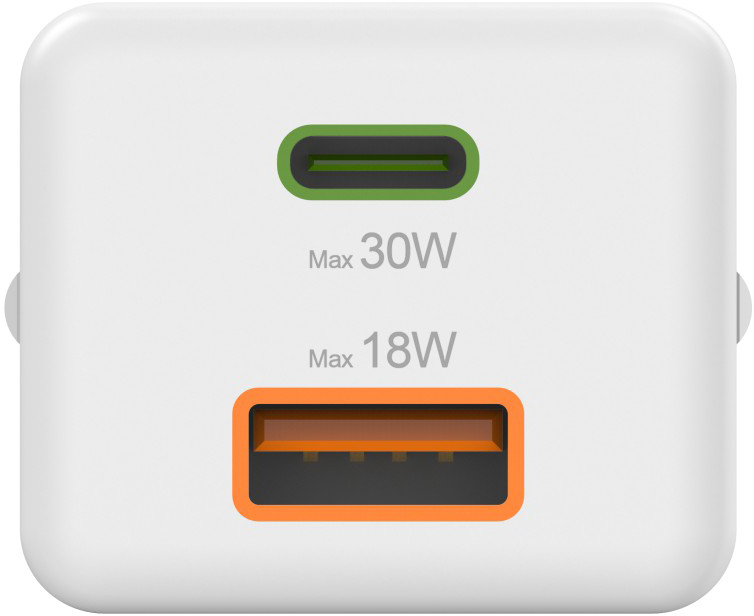 Fehér töltő USB-C és USB-A portokkal, 30W és 18W max. kimenettel.