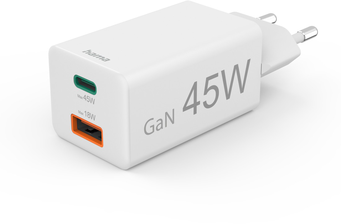Fehér töltő USB-C és USB-A porttal, 45W és 18W. Hama logó.