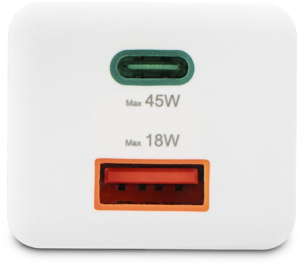 Fehér töltő USB-C és USB-A porttal, 45W és 18W max. kimenettel.