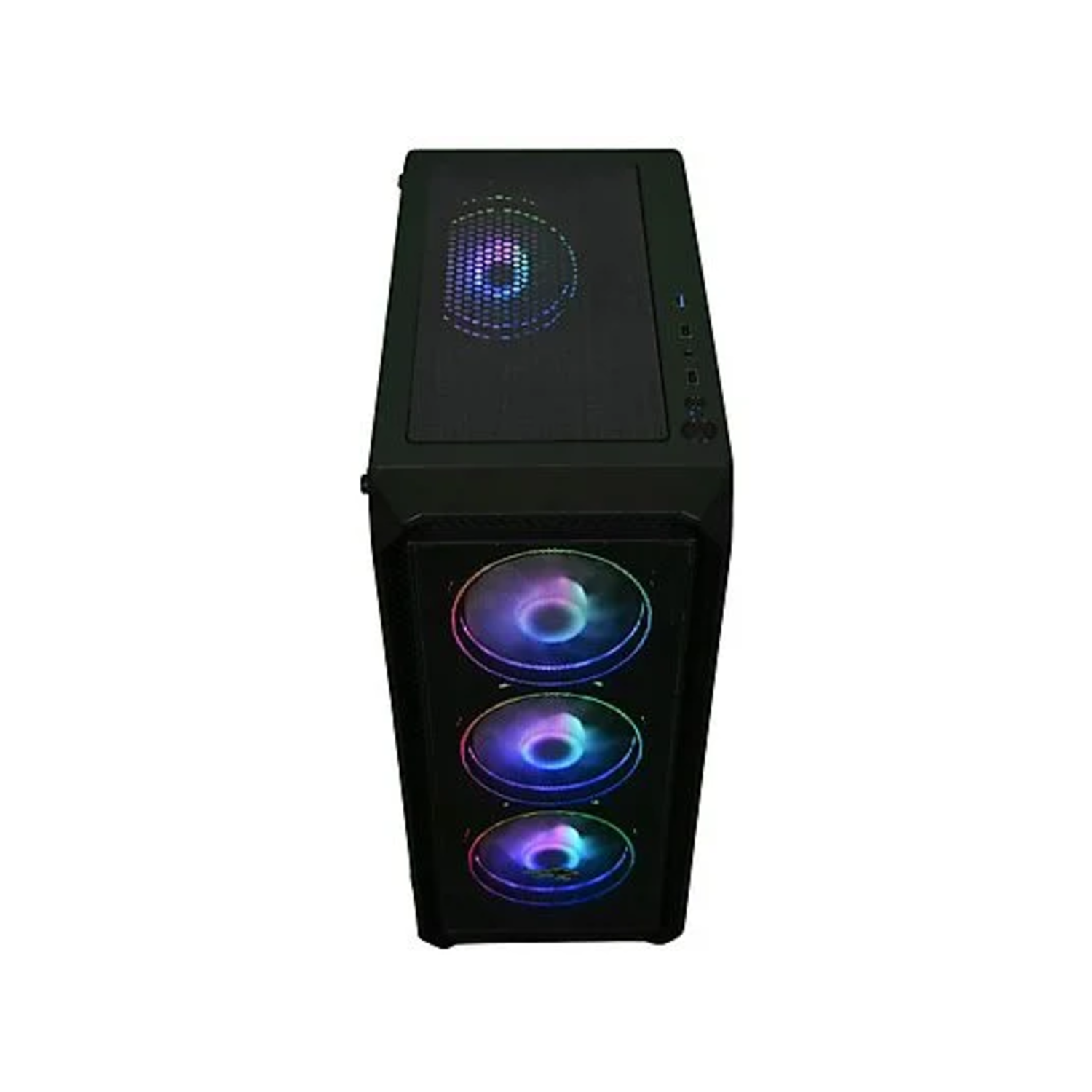 Black computer case with blue, green, and purple lights.