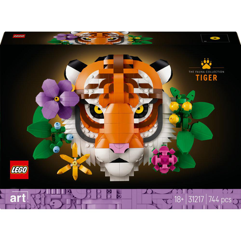 LEGO Kunstset-Box mit Tigerkopf und Blumen, mit dem Text "Tiger".