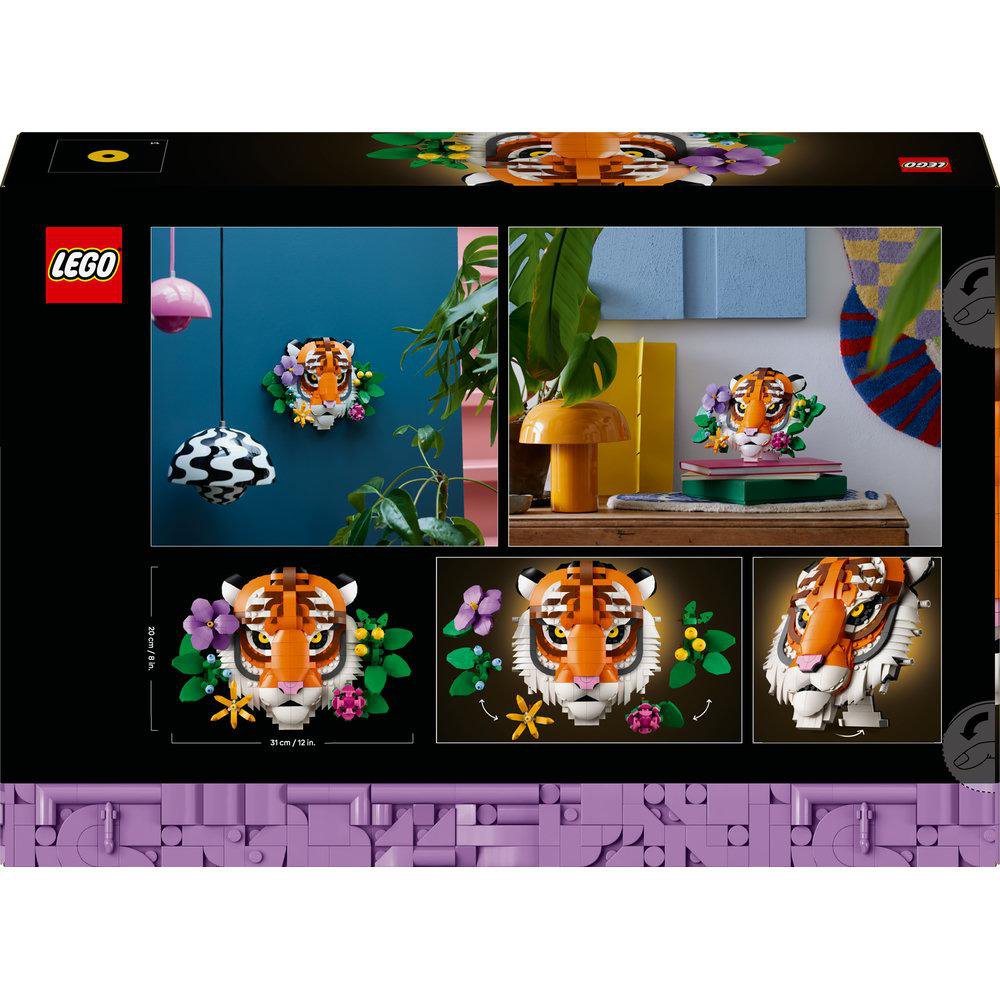 Box mit LEGO Kunstsets, die fertige Tigerköpfe mit Blumen zeigen.