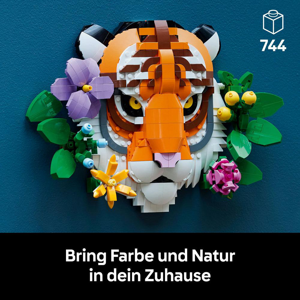 LEGO-Tigerkopf mit Blumen, Text: 'Bring Farbe und Natur in dein Zuhause'.