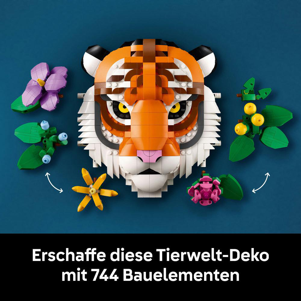 LEGO-Tigerkopf mit Blumen und Text, der die 744 Bauelemente beschreibt.