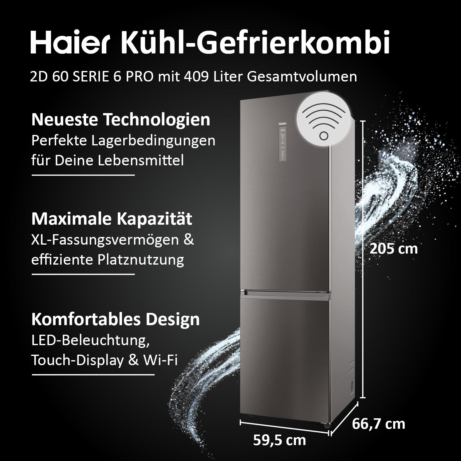 Haier Kühlschrank mit Text über Funktionen, Abmessungen und Wi-Fi.
