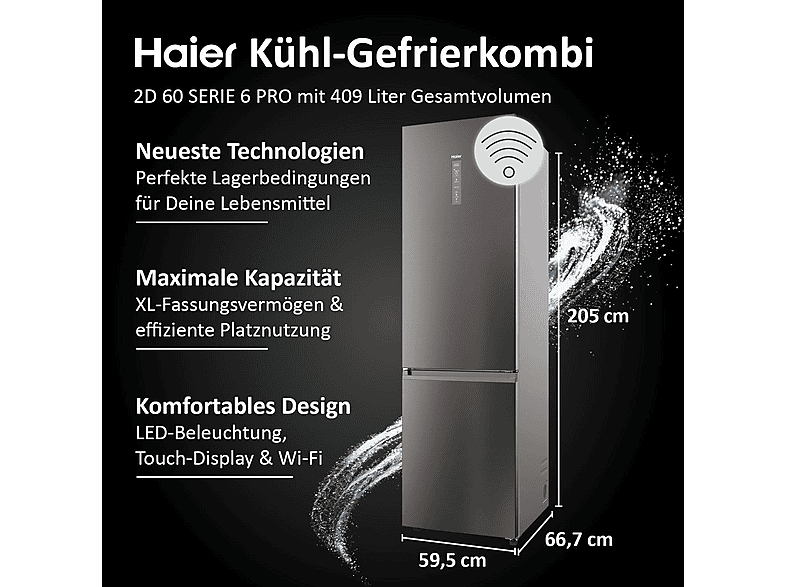 HAIER HDPW5620ANPD 2D 60 SERIE 5 PRO Kühlgefrierkombination (A, 409 l, 2050 mm hoch, Dark Inox)