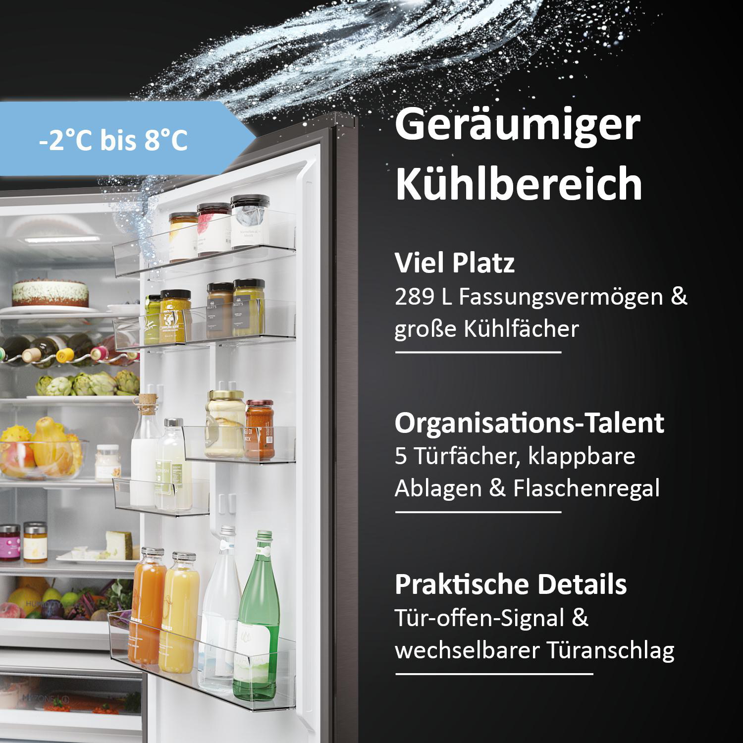 Geöffneter Haier-Kühlschrank, zeigt Regale mit Lebensmitteln und Text über Platz.