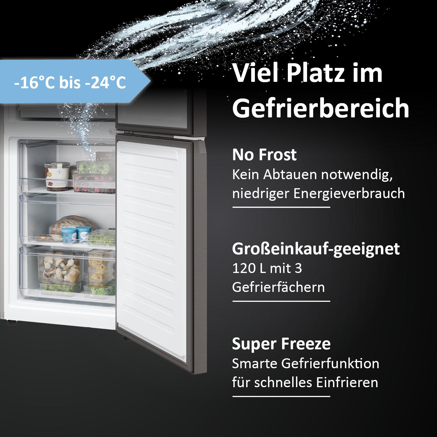 Geöffnete Haier-Gefriertruhe mit Text über ihre Eigenschaften, zeigt Tiefkühlkost.