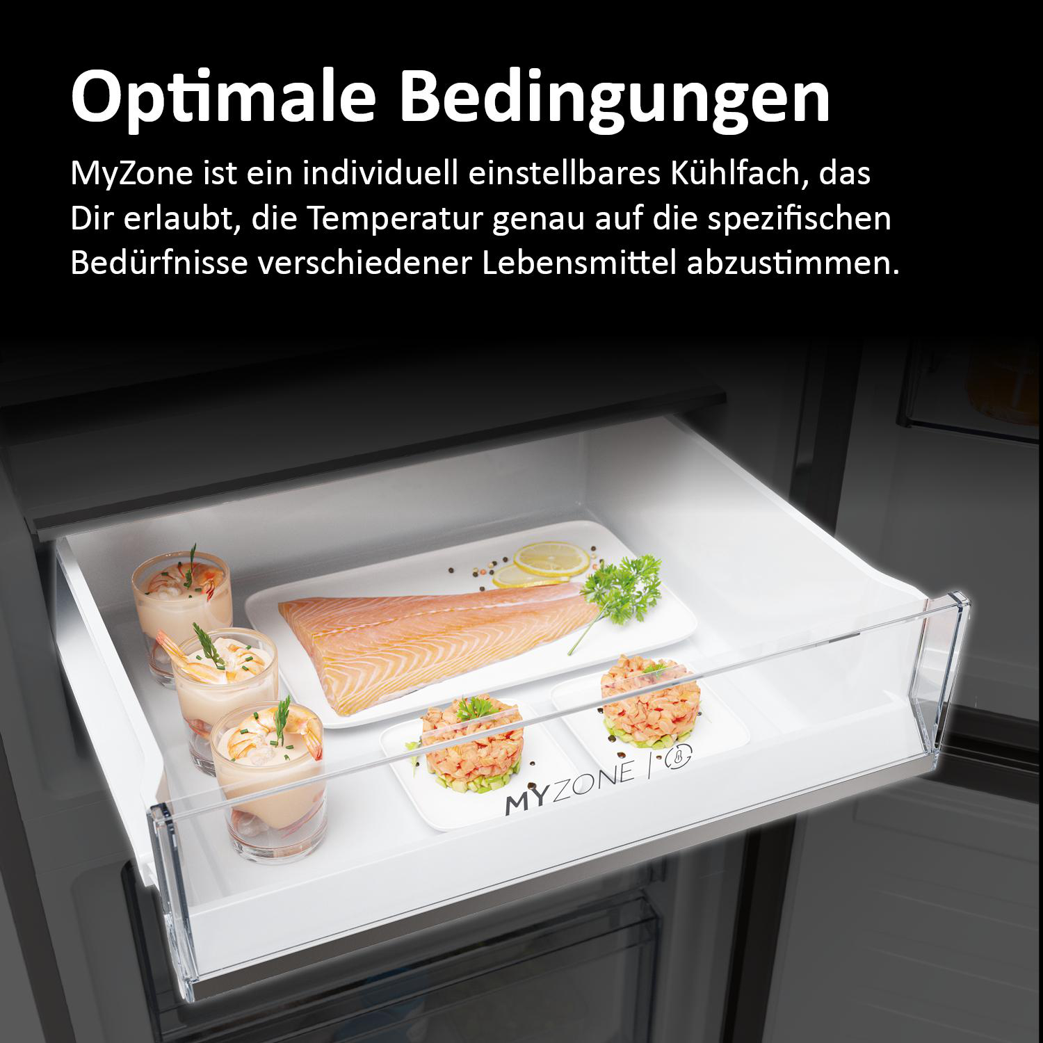 Eine Kühlschublade mit zubereiteten Speisen. Der Text lautet Optimale Bedingungen.