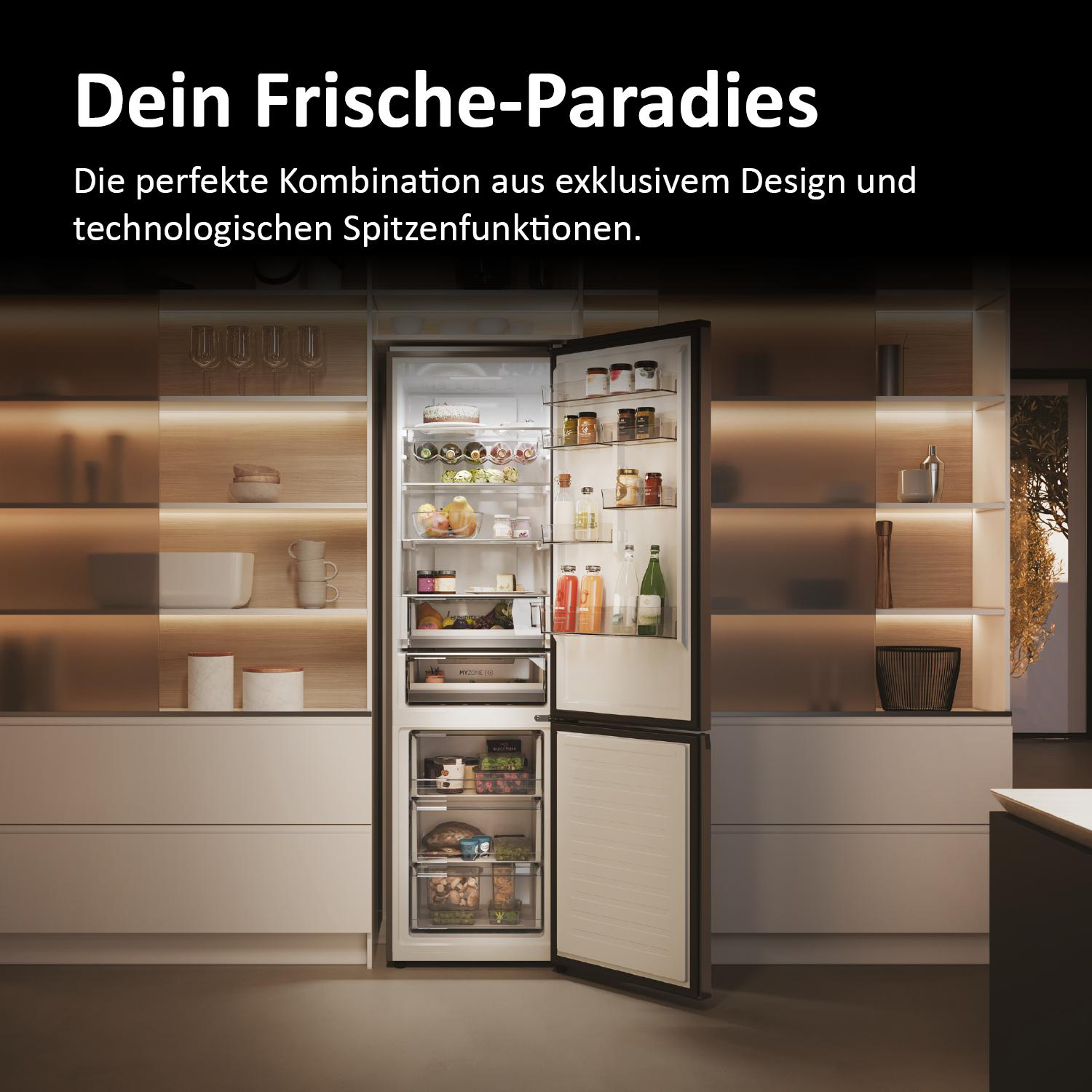 Offener Kühlschrank mit Lebensmitteln. Der Text lautet Dein Frische-Paradies.