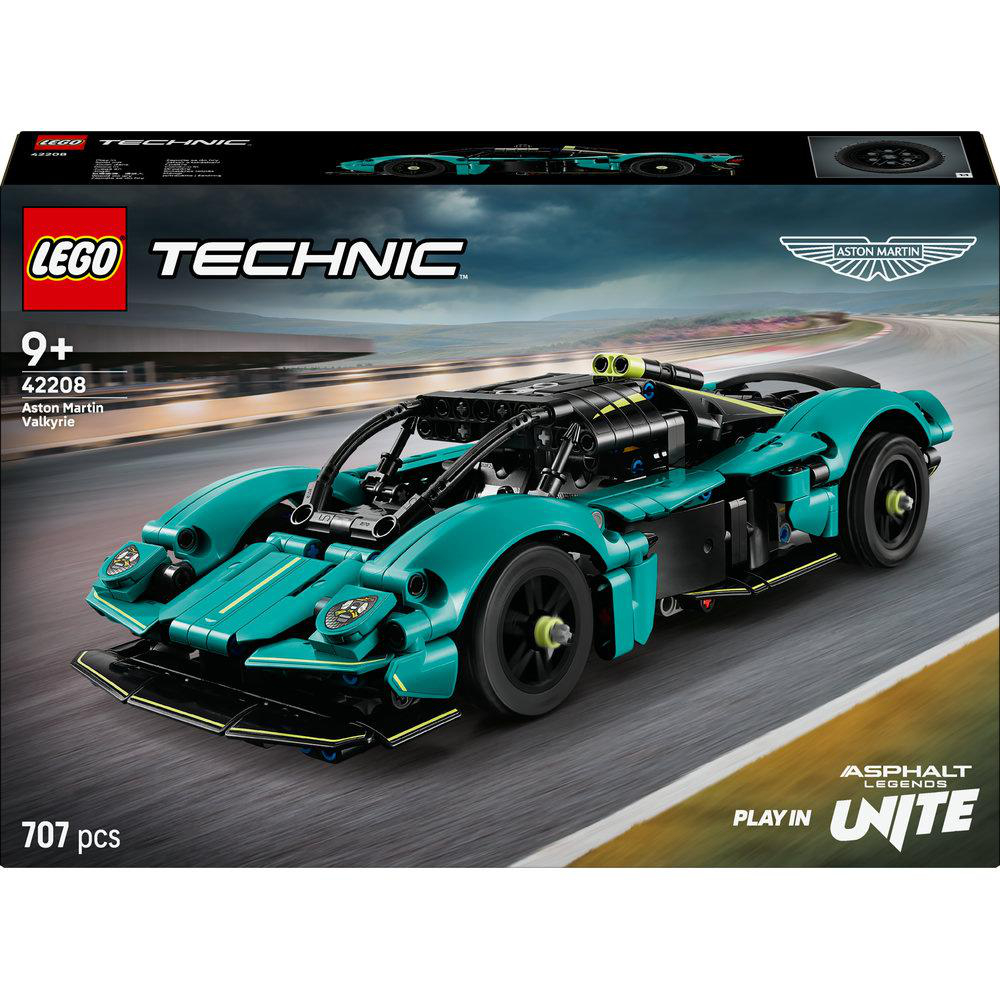 Eine Lego Aston Martin Valkyrie Set-Box, ein montiertes tealfarbenes Automodell mit schwarzen Details.