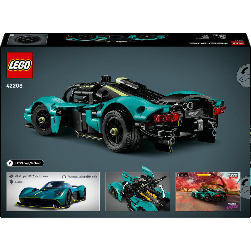Die Rückseite einer Lego Aston Martin Valkyrie Automodellbox mit Autoabbildungen und Details.