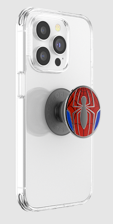 Ein Telefon mit einer durchsichtigen Hülle und einem Spider-Man PopSocket.