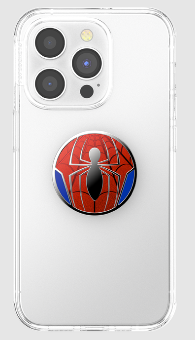 Transparente Handyhülle mit Spider-Man-PopSocket auf der Rückseite. Spider-Man-Logo ist rot, schwarz und blau.