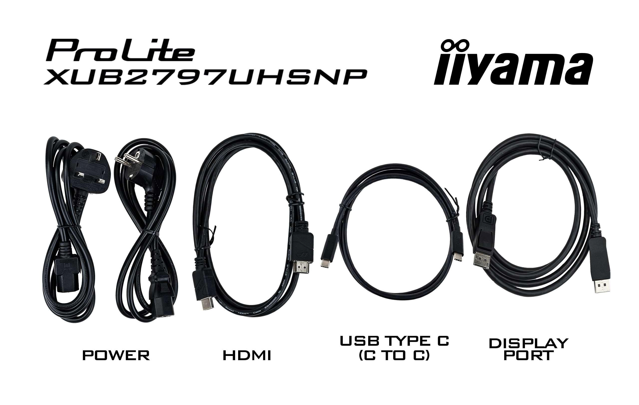 Kabel beschriftet: Strom, HDMI, USB Typ C und Displayport. Text oben: ProLite XUB2797UHSNP iiyama Logo.