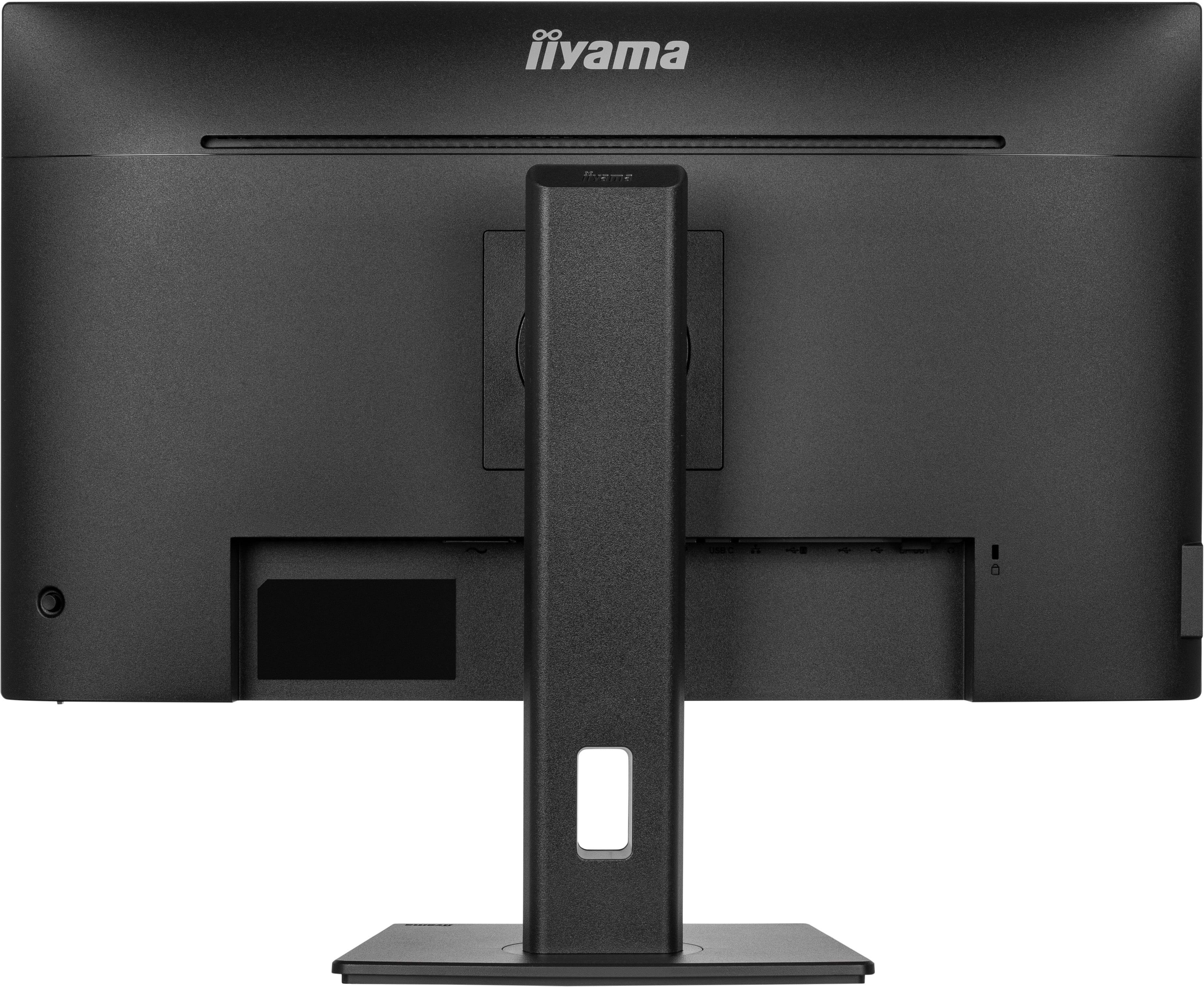 Rückseite eines schwarzen iiyama Monitors. Der Ständer ist schwarz, mit quadratischem Sockel und rechteckiger Öffnung.