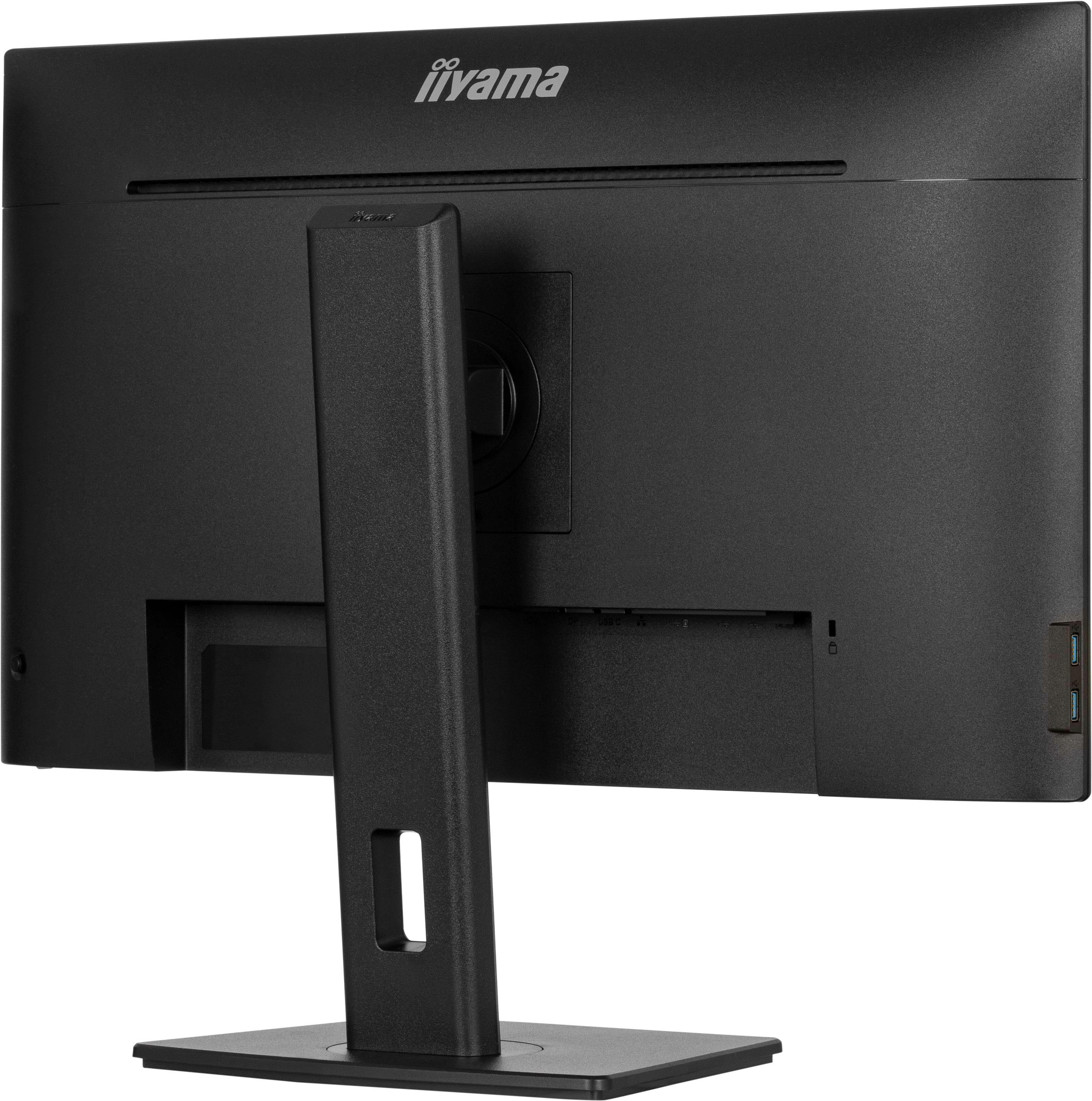 Rückseite eines schwarzen iiyama Monitors. Ständer ist schwarz, mit Öffnung. iiyama Logo oben.