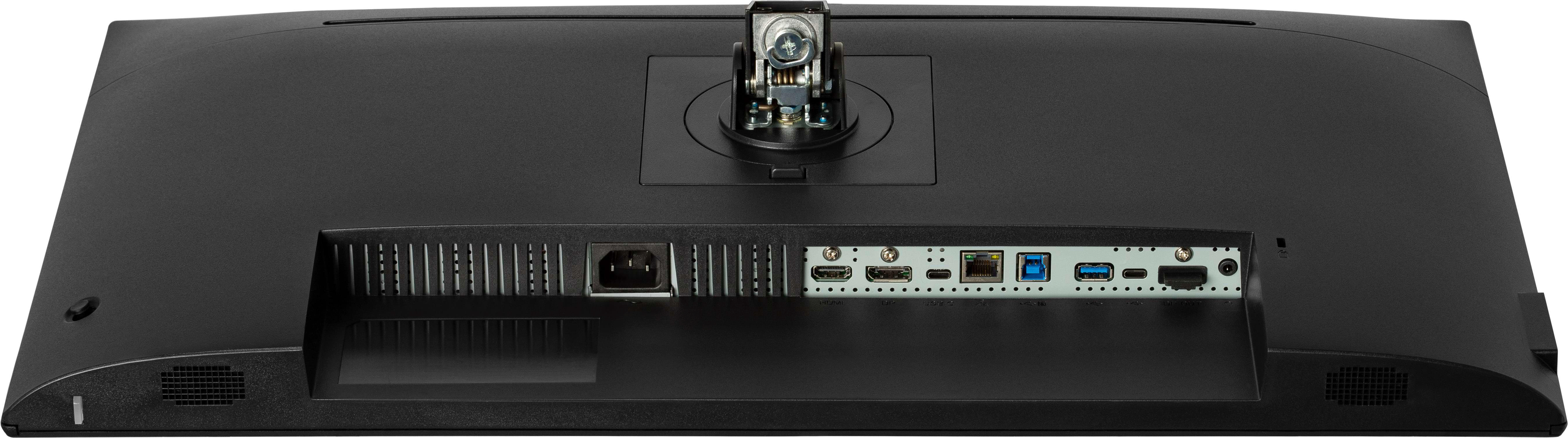 Rückansicht eines schwarzen iiyama Monitors. Anschlüsse: HDMI, USB und Strom. Oben Kamera.
