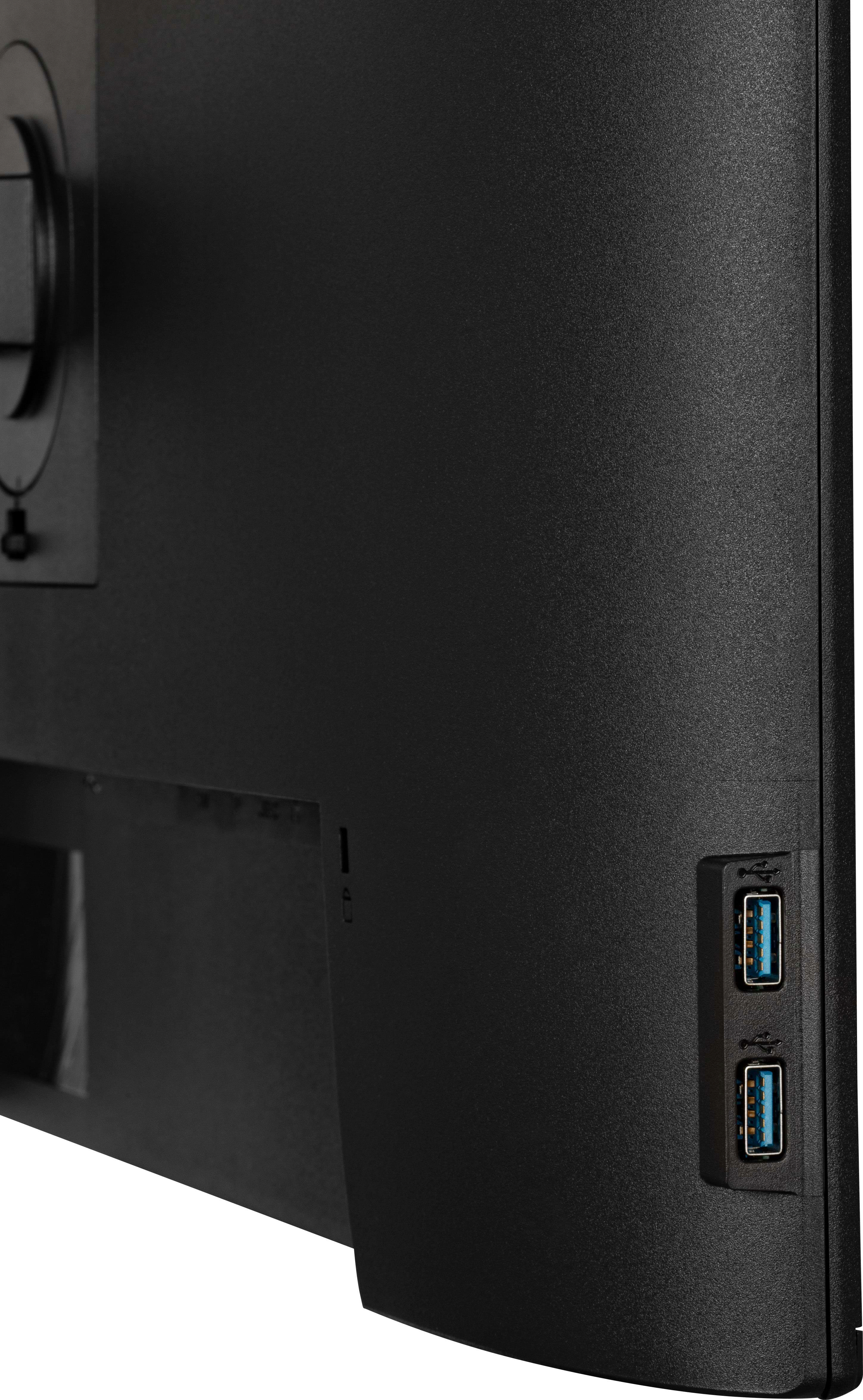 Nahaufnahme der Seite eines schwarzen iiyama Monitors. USB-Anschlüsse sind an der Seite sichtbar.