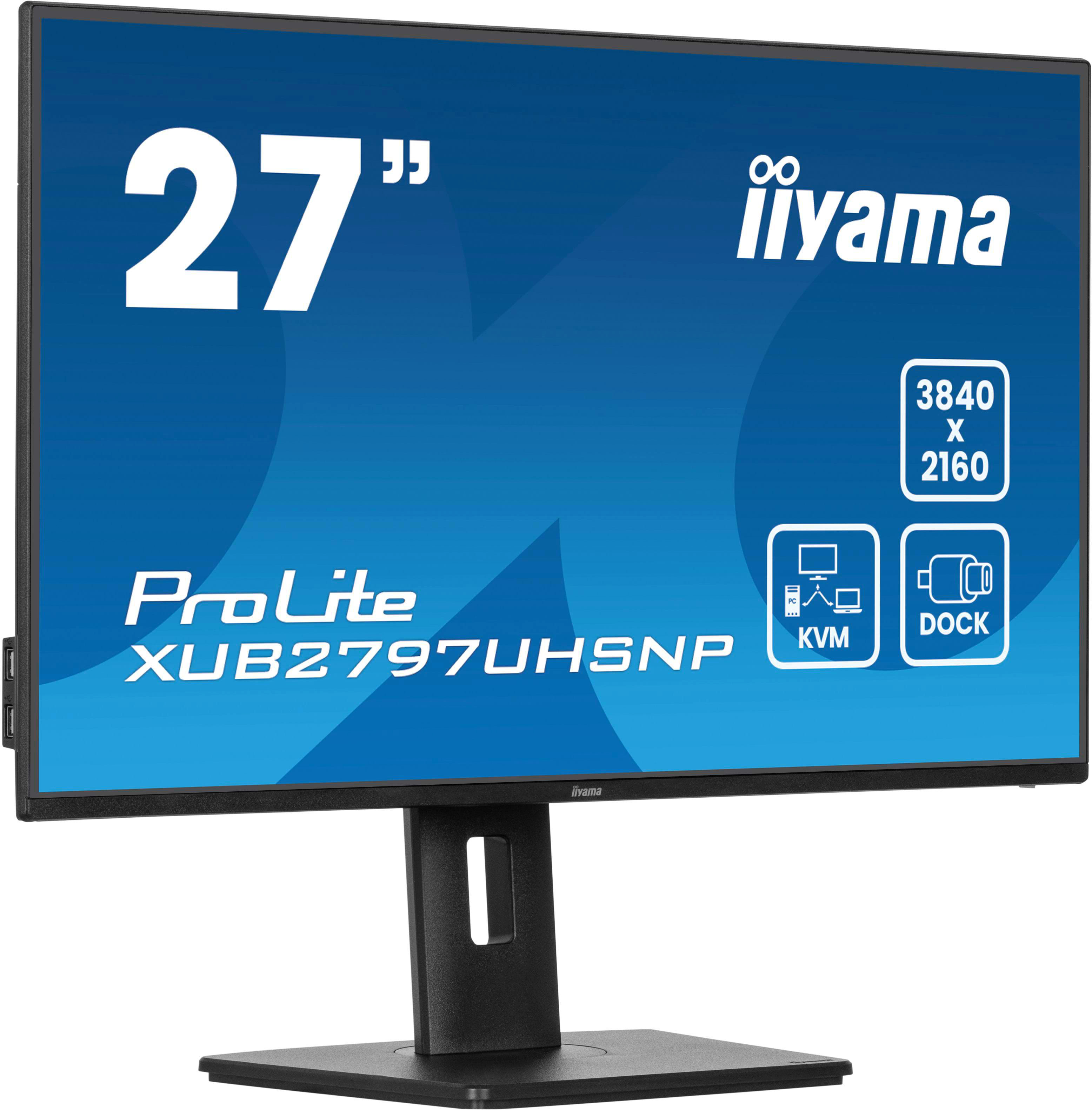 Schwarzer iiyama Monitor mit 27" Display. Text: ProLite XUB2797UHSNP. Merkmale: KVM und DOCK.