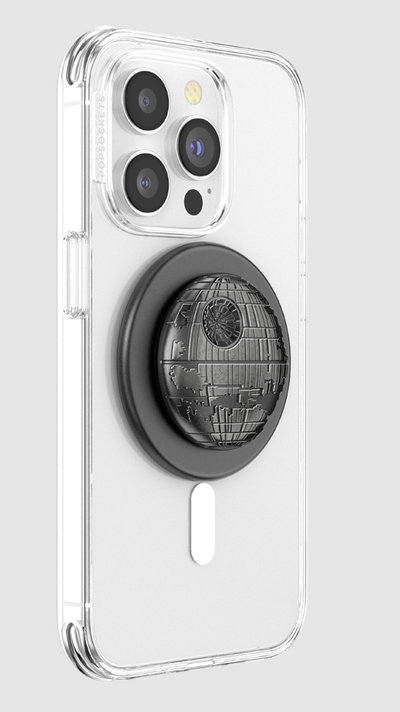 Eine transparente Handyhülle mit Death Star PopSockets-Griff, vor grauem Hintergrund.