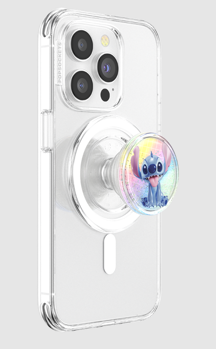 Eine transparente Handyhülle mit einem Stitch PopSocket. Der PopSocket hat ein farbenfrohes Stitch-Design.