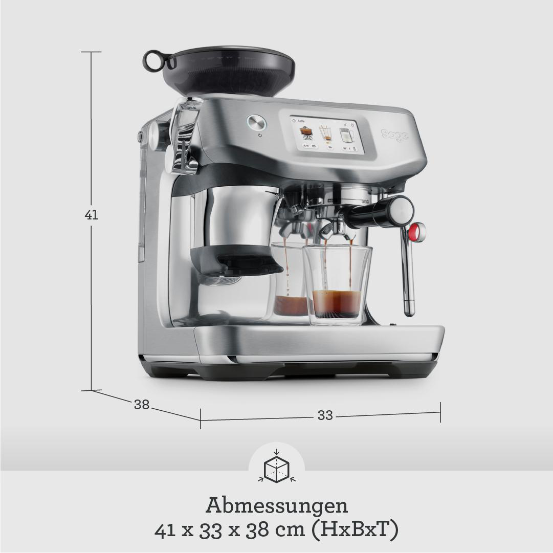 Silberne Espressomaschine mit Abmessungen 41x33x38 cm und zwei Gläsern unter dem Auslauf.