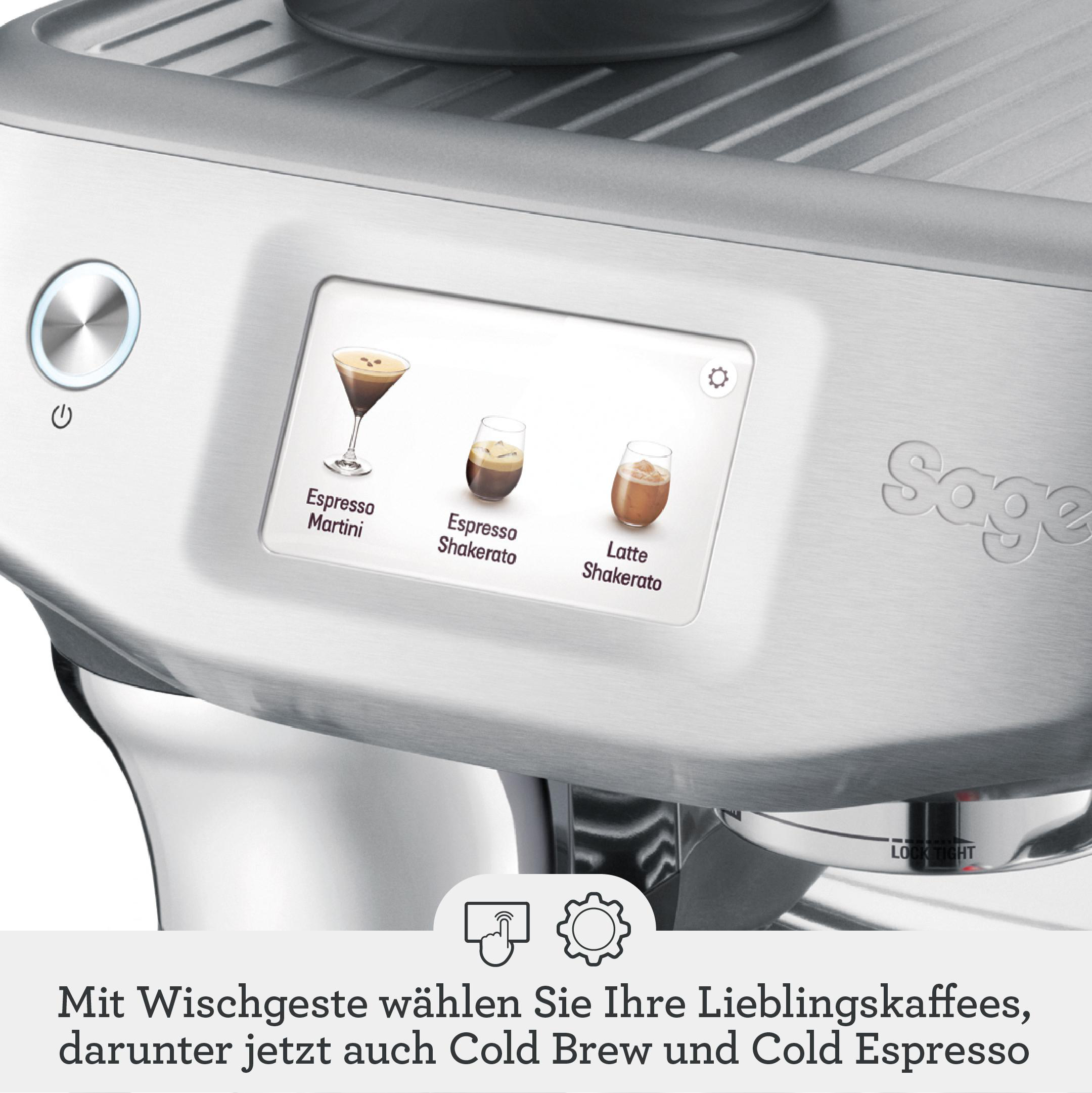 Touchscreen einer Sage-Kaffeemaschine mit Rezepten für Espresso Martini, Espresso Shakerato und Latte Shakerato.