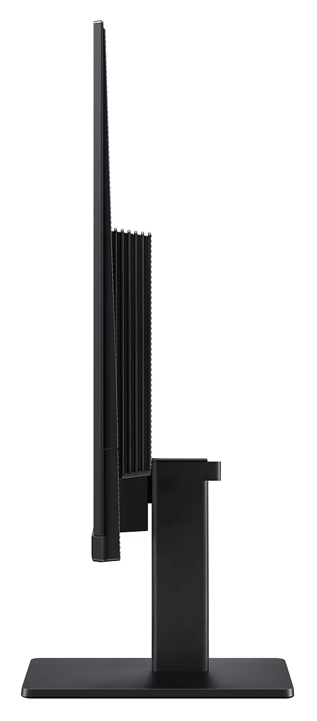 Widok z boku czarnego monitora z czarną podstawą na białym tle.