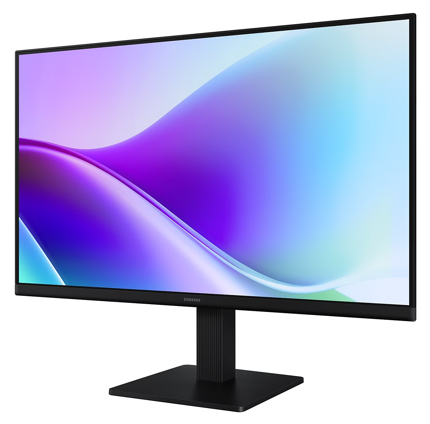 Widok czarnego monitora wyświetlającego kolorowy gradient, na czarnej podstawie.