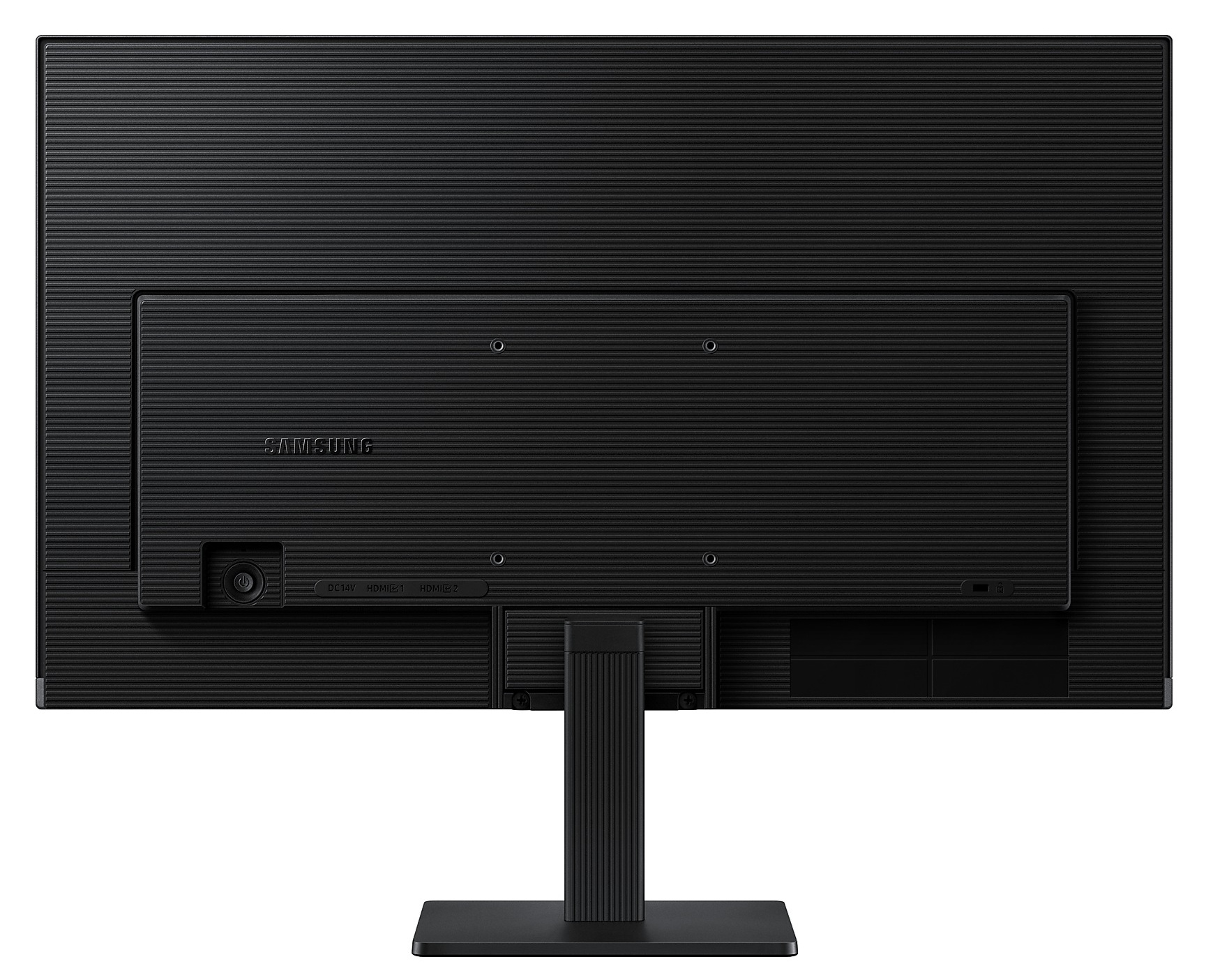 Widok z tyłu czarnego monitora z czarną podstawą, pokazujący porty i połączenia.