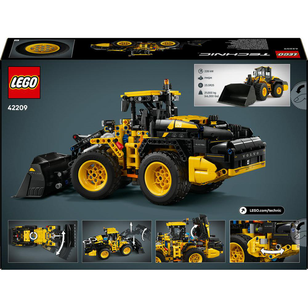 LEGO Technic Volvo Radlader-Set. Gelb-schwarzes Modell mit großen Reifen und Volvo-Logo.