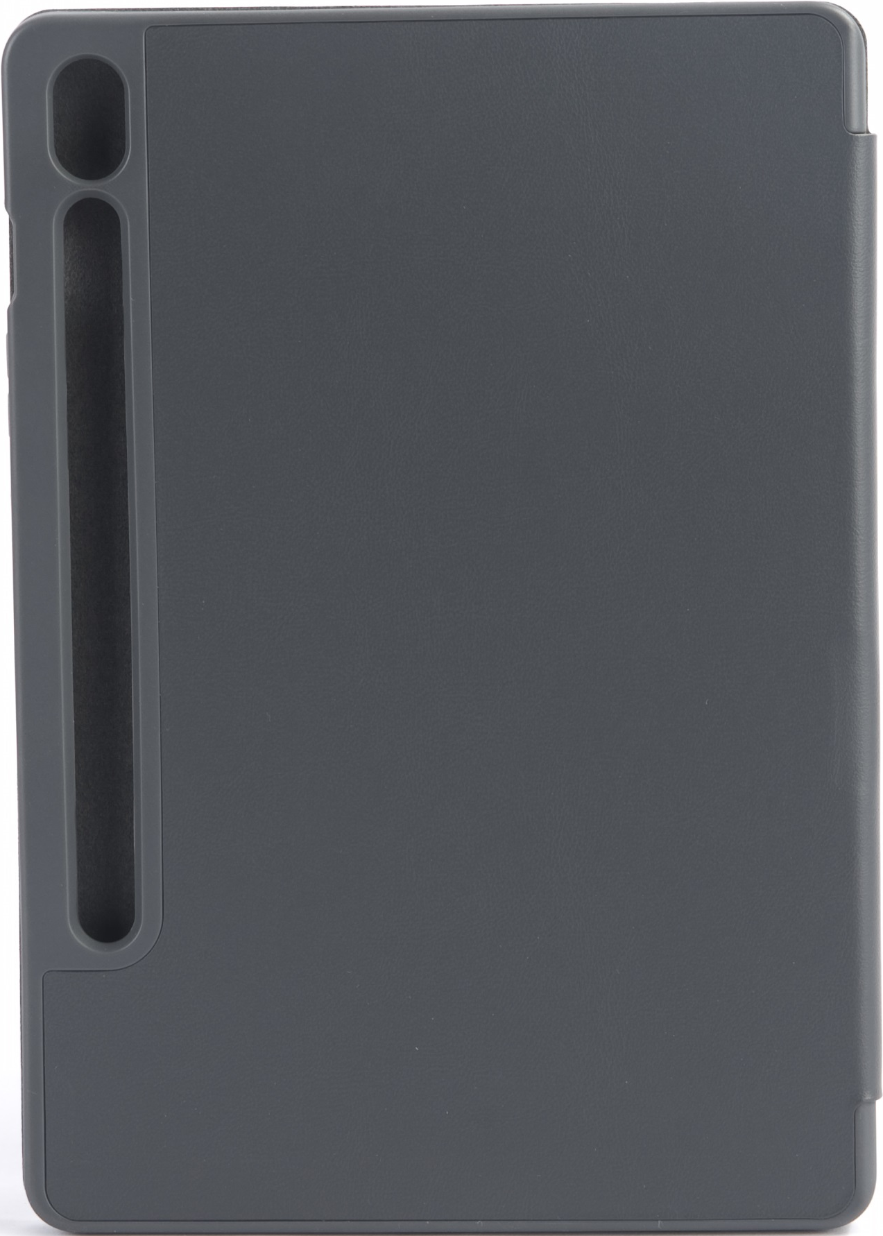 Una custodia grigia per tablet con un porta stilo. La custodia è rettangolare, con superficie liscia. Il supporto è sul lato.