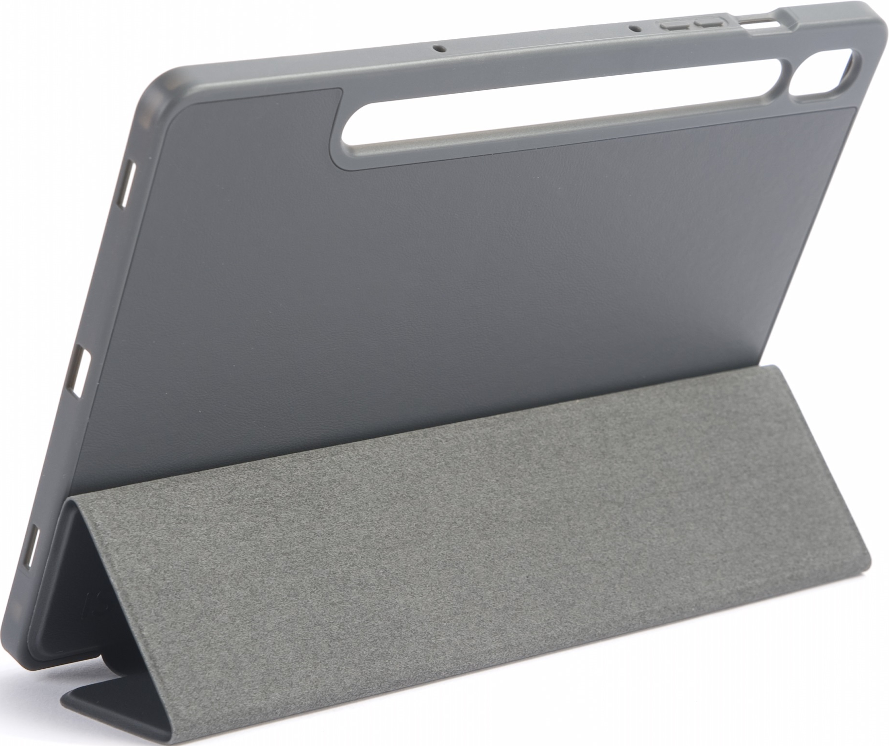 Custodia grigia per tablet con supporto, angolata. La custodia ha ritagli ed è su sfondo bianco.